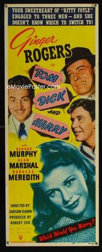 f607 TOM, DICK & HARRY insert movie poster '41 Ginger Rogers, Murphy