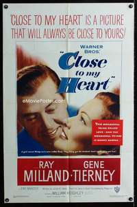 h120 CLOSE TO MY HEART one-sheet movie poster '51 Tierney & Milland adopt!
