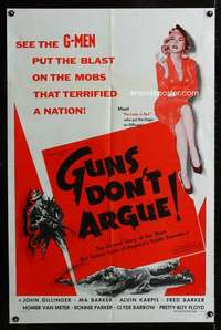 h297 GUNS DON'T ARGUE one-sheet movie poster '57 G-men vs Dillinger!