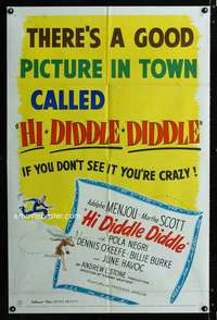 h345 HI DIDDLE DIDDLE one-sheet movie poster '43 Adolphe Menjou,Pola Negri