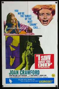 h395 I SAW WHAT YOU DID one-sheet movie poster '65 Joan Crawford, Castle