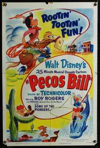 h604 PECOS BILL one-sheet movie poster '54 Roy Rogers, Disney cartoon!