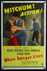 h821 WHERE DANGER LIVES style A one-sheet movie poster '50 Mitchum, Domergue