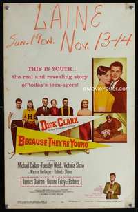 m253 BECAUSE THEY'RE YOUNG window card movie poster '60 Dick Clark, Weld