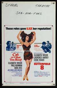 m275 CAT ON A HOT TIN ROOF/BUTTERFIELD 8 window card movie poster '66 Liz!