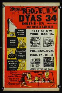 m332 GRAND REOPENING DYAS 34 window card movie poster '60s drive-in theatre!