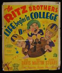m368 LIFE BEGINS IN COLLEGE window card movie poster '37 Ritz Bros, football!