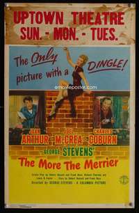 m385 MORE THE MERRIER window card movie poster '43 Jean Arthur, McCrea, Coburn