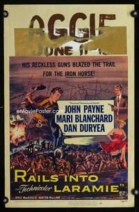 m423 RAILS INTO LARAMIE window card movie poster '54 John Payne, Blanchard