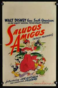 m438 SALUDOS AMIGOS window card movie poster '43 Donald Duck, Joe Carioca