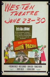 m468 SOUTH PACIFIC window card movie poster '59 Rossano Brazzi, Gaynor