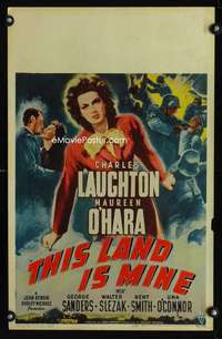 m495 THIS LAND IS MINE window card movie poster '43 Maureen O'Hara, Renoir