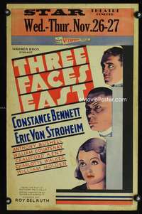 m497 THREE FACES EAST window card movie poster '30Erich von Stroheim,Bennett