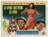 r330 FIRE DOWN BELOW movie title lobby card '57 Mitchum, sexy Rita Hayworth!