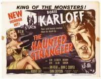 r357 HAUNTED STRANGLER movie title lobby card '58 Boris Karloff, horror!