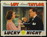 r098 LUCKY NIGHT movie lobby card '39 pretty Myrna Loy drinks a toast!