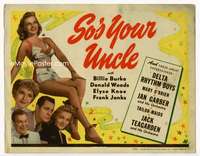 r576 SO'S YOUR UNCLE movie title lobby card '43 sexy Elyse Knox!