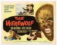 r672 WEREWOLF movie title lobby card '56 great wolf-man horror image!