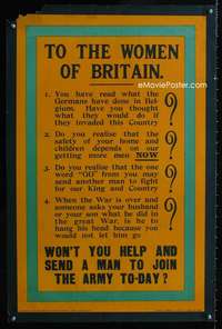 w004 TO THE WOMEN OF BRITAIN English war poster '15 WWI