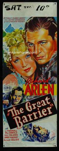 y351 GREAT BARRIER long Aust daybill movie poster '37 Richard Arlen