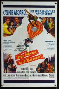 a157 FIVE WEEKS IN A BALLOON one-sheet movie poster '64 Jules Verne