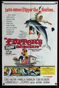 a163 FLIPPER'S NEW ADVENTURE one-sheet movie poster '64 classic dolphin!