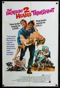 a270 INCREDIBLE 2 HEADED TRANSPLANT one-sheet movie poster '71 wacky!