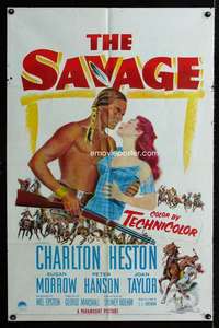 a420 SAVAGE one-sheet movie poster '52 Native American Charlton Heston!