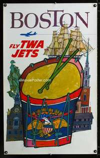 b035 BOSTON FLY TWA JETS travel poster '60s David Klein