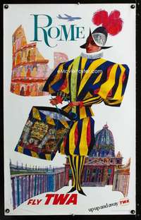b037 ROME FLY TWA travel poster '60s David Klein art!