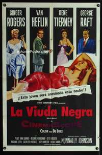 c789 BLACK WIDOW Spanish/U.S. one-sheet movie poster '54 Ginger Rogers, Tierney