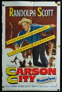 c745 CARSON CITY one-sheet movie poster '52 Randolph Scott w/gun & grin!