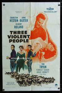 c105 THREE VIOLENT PEOPLE one-sheet movie poster '56 Charlton Heston