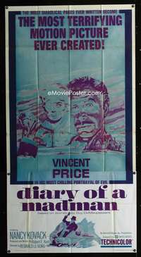 h237 DIARY OF A MADMAN three-sheet movie poster '63 Vincent Price, horror!