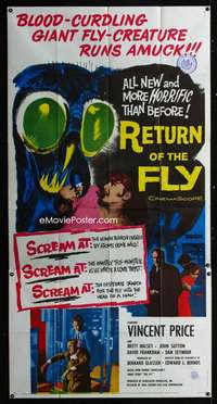 h251 RETURN OF THE FLY three-sheet movie poster '59 Vincent Price, sci-fi!