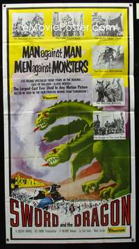 h258 SWORD & THE DRAGON three-sheet movie poster '60 cool monster image!