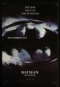 k097 BATMAN RETURNS advance one-sheet movie poster '92 Bat, Cat, & Penguin!