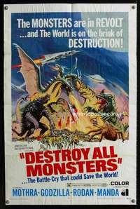 k218 DESTROY ALL MONSTERS one-sheet movie poster '69 Godzilla, Mothra!