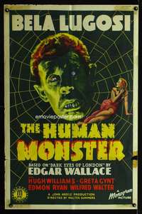 k373 HUMAN MONSTER one-sheet movie poster '39 Bela Lugosi, Edgar Wallace