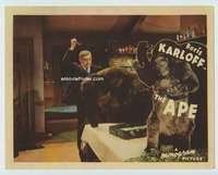 h291 APE movie lobby card '40 Boris Karloff charges gorilla w/knife!