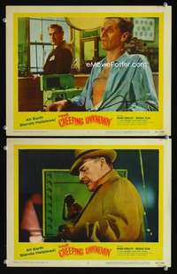 h633 CREEPING UNKNOWN 2 movie lobby cards '56 Brian Donlevy horror!
