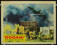h447 RODAN movie lobby card #7 '56 he's flying over wrecked buildings!