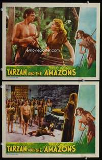 h661 TARZAN & THE AMAZONS 2 movie lobby cards '45 Johnny Weissmuller