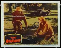 h481 WEREWOLF movie lobby card '56 setting giant wolf-man traps!