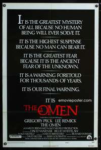 k516 OMEN style E one-sheet movie poster '76 Gregory Peck, Remick, horror!