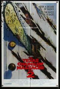 k641 TEXAS CHAINSAW MASSACRE PART 2 door style 1sh '86 Tobe Hooper horror sequel, cool Huston art!