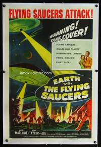 m261 EARTH VS THE FLYING SAUCERS linen one-sheet movie poster '56 classic!