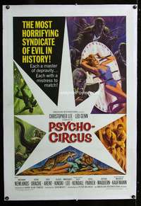 m265 PSYCHO-CIRCUS linen one-sheet movie poster '67 Christopher Lee, horror!