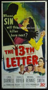 p214 13th LETTER three-sheet movie poster '51 Otto Preminger, Linda Darnell