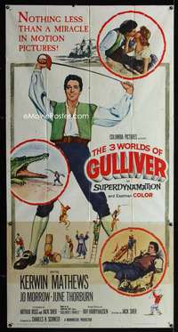 p215 3 WORLDS OF GULLIVER three-sheet movie poster '60 Ray Harryhausen